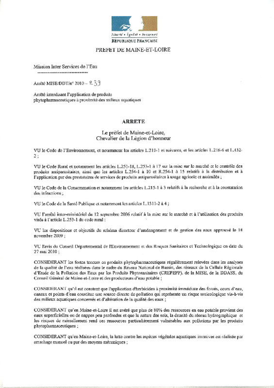 Arrêté préfectoral de Maine-et-Loire interdisant l'application de produits phytopharmaceutiques à proximité des milieux aquatiques - application/pdf