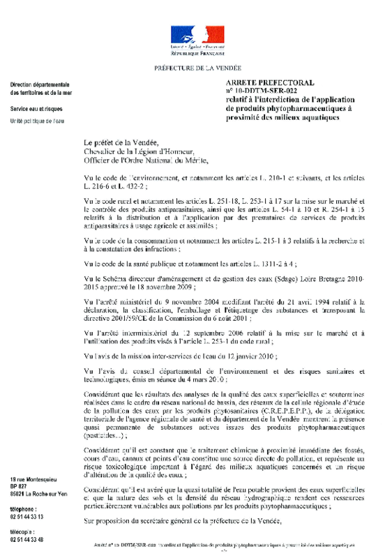 Arrêté préfectoral de la Vendée interdisant l'application de produits phytopharmaceutiques à proximité des milieux aquatiques - application/pdf