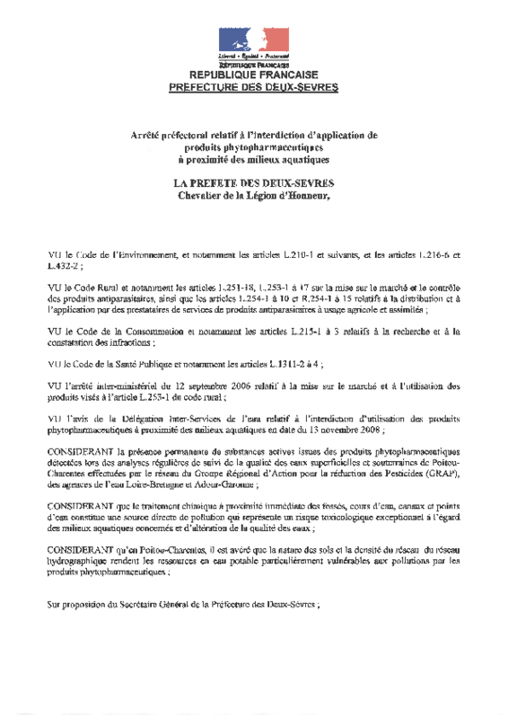 Arrêté préfectoral des Deux-Sèvres interdisant l'application de produits phytopharmaceutiques à proximité des milieux aquatiques - application/pdf