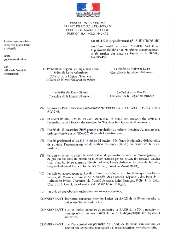 Arrêté interpréfectoral n° 13-DDTM85-300 du 26 mars 2013 modifiant l'arrêté préfectoral n° 96/DRLP-66 fixant le périmètre d'élaboration du schéma d'aménagement et de gestion des eaux du bassin de la Sèvre Nantaise - application/pdf