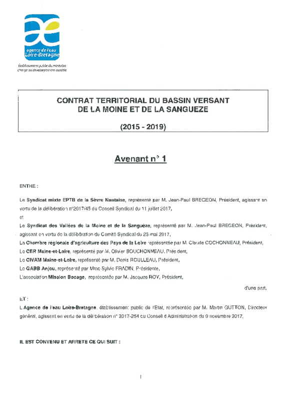 Avenant n°1 au contrat territorial du bassin versant de la Moine et de la Sanguèze (2015-2019) - application/pdf