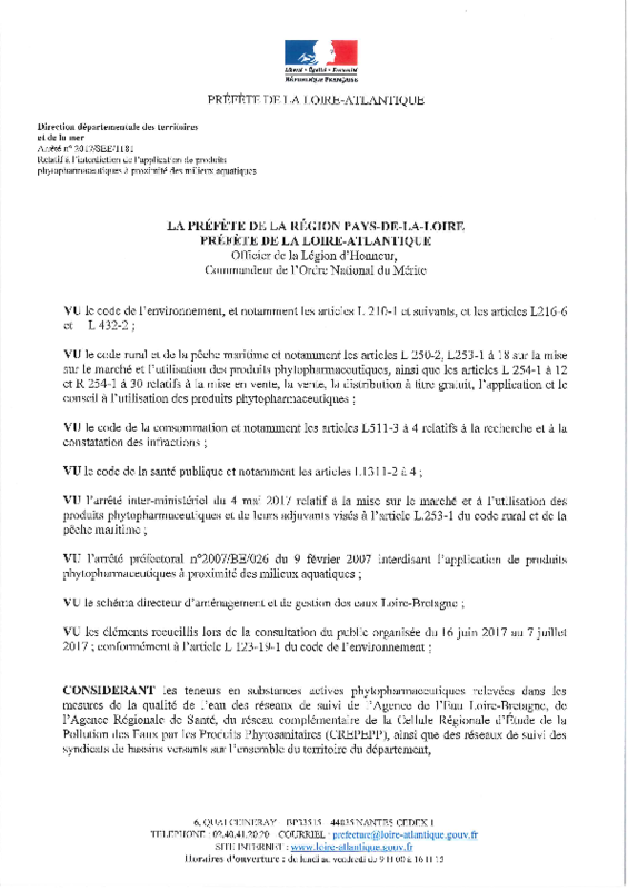 Arrêté préfectoral n° 2017/SEE/1181 du 18/07/2017 relatif à l'interdiction de l'application de produits phytopharmaceutiques à proximité des milieux aquatiques - application/pdf