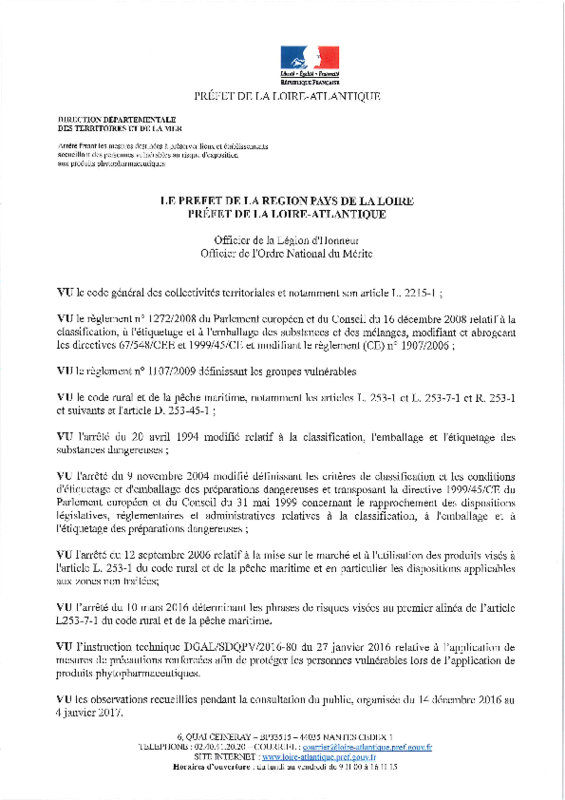 Arrêté préfectoral du 06/02/2017 fixant les mesures destinées à préserver lieux et établissements accueillant des personnes vulnérables au risque d'exposition aux produits phytopharmaceutiques - application/pdf