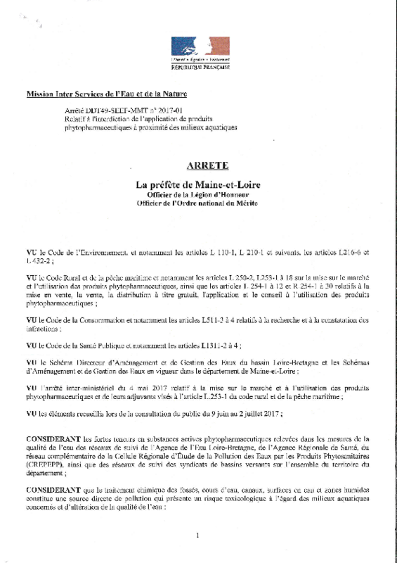 Arrêté préfectoral DDT49-SEEF-MMT n° 2017-01 relatif à l'interdiction de l'application de produits phytopharmaceutiques à proximité des milieux aquatiques - application/pdf