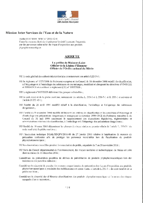 Arrêté préfectoral DDT-SEEF-MMT n° 2016-12-01 fixant les mesures destinées à préserver les établissements fréquentés par des personnes vulnérables du risque d'exposition aux produits phytopharmaceutiques - application/pdf