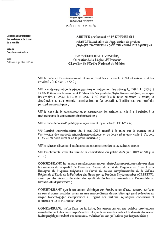 Arrêté préfectoral n° 17-DDTM85-518 du 28/08/2017 relatif à l'interdiction de l'application de produits phytopharmaceutiques à proximité des milieux aquatiques - application/pdf