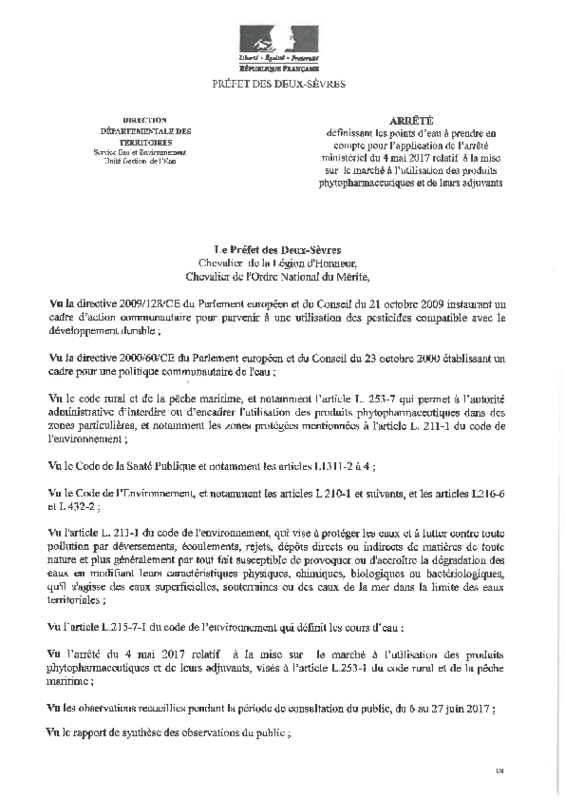 Arrêté du 07/07/2017 définissant les points d'eau à prendre en compte pour l'application de l'arrêté ministériel du 4 mai 2017 relatif à la mise sur le marché à l'utilisation des produits phytopharmaceutiques et de leurs adjuvants - application/pdf