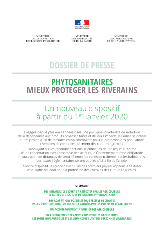 Dossier de presse : "Phytosanitaires mieux protéger les riverains" : Un nouveau dispositif à partir du 1er janvier 2020 - application/pdf