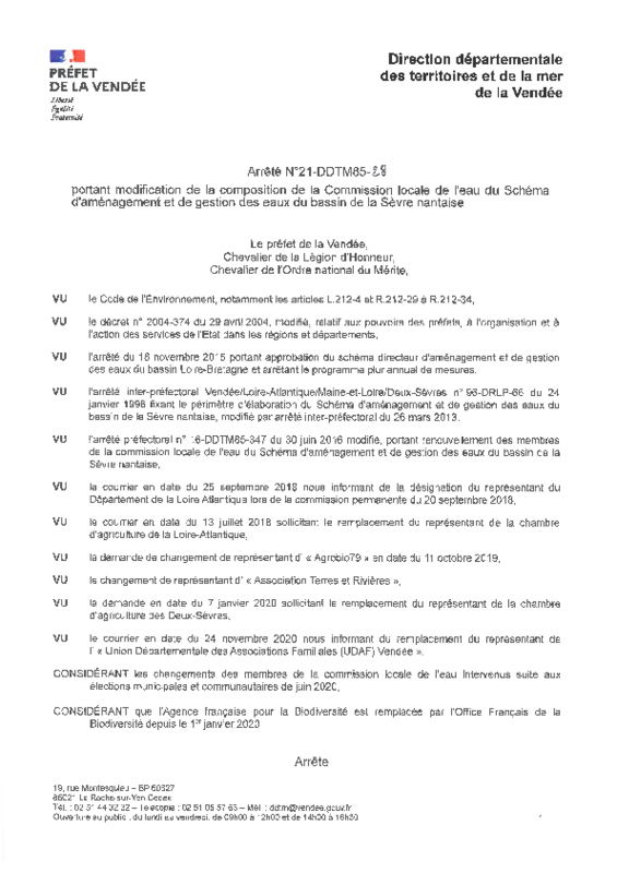 Arrêté préfectoral n° 21-DDTM85-28 portant modification de la composition de la Commission Locale de l'Eau du Schéma d'aménagement et de gestion des eaux du bassin de la Sèvre nantaise du 1er février 2021 - application/pdf