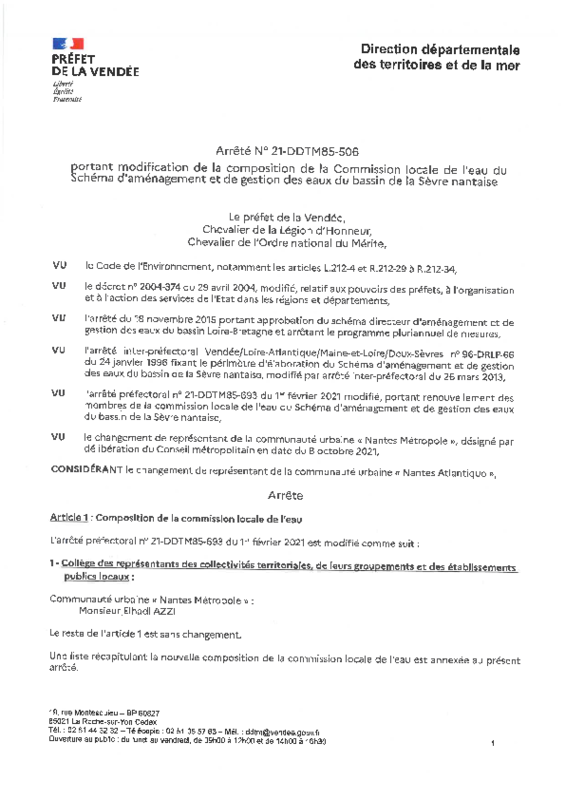 Arrêté préfectoral n° 21-DDTM85-506 portant modification de la composition de la Commission Locale de l'Eau du Schéma d'aménagement et de gestion des eaux du bassin de la Sèvre nantaise du 26 novembre 2021 - application/pdf