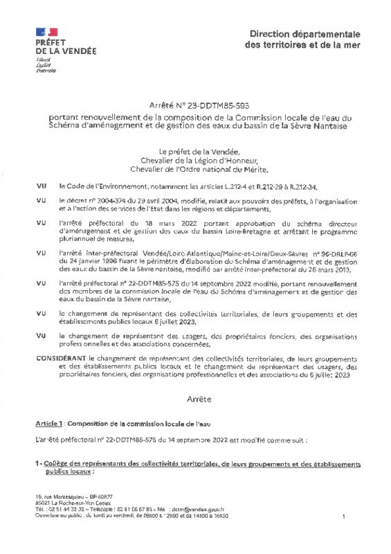 Arrêté préfectoral n° 23-DDTM85-593 portant renouvellement de la composition de la Commission Locale de l'Eau du Schéma d'Aménagement et de Gestion des Eaux du bassin de la Sèvre Nantaise du 22 août 2023 - application/pdf