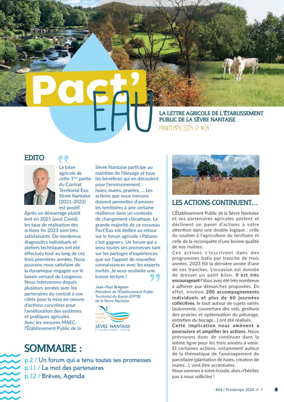 PACT'EAU - La lettre agricole de l'EPTB Sèvre Nantaise - Numéro 4, Printemps 2024 / E.P.T.B Sèvre Nantaise - application/pdf